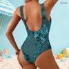 Women Plus Size Scoop Neck Wide Straps Black Green Clover Printed One Piece High Cut Swimsuit