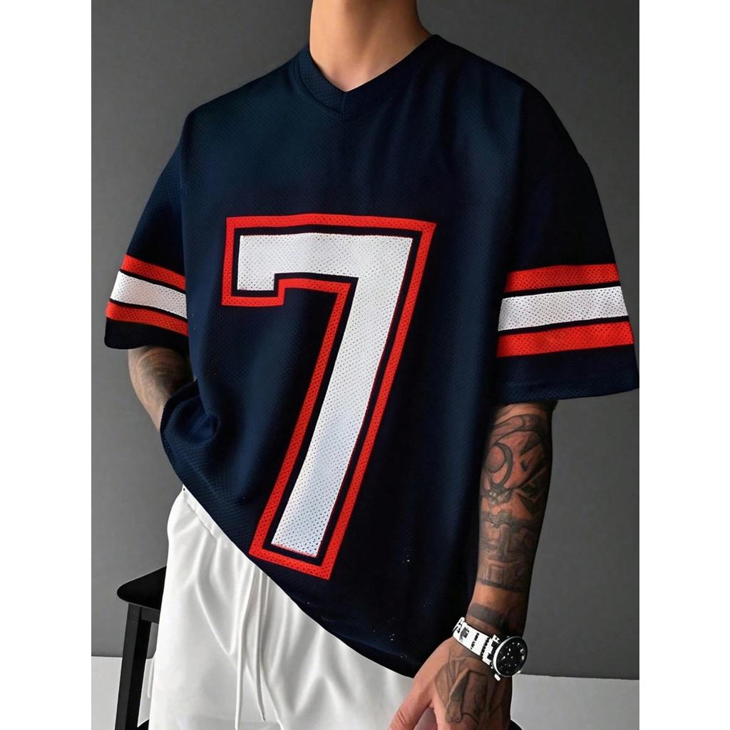 Summer T Shirt Mesh Jersey Style Number 7 Print T Shirt Short Sleeve V Neck Sporty Casual Streetwear Tops