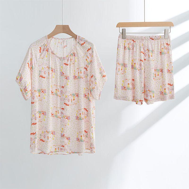 

2025 Summer Special Collection Plaid Rayon Satin Short Sleeve Shorts Two-piece Set Cotton Silk Home Clothing Suit Women Circus XL [recommend 67.50 kg-77.50 kg]]