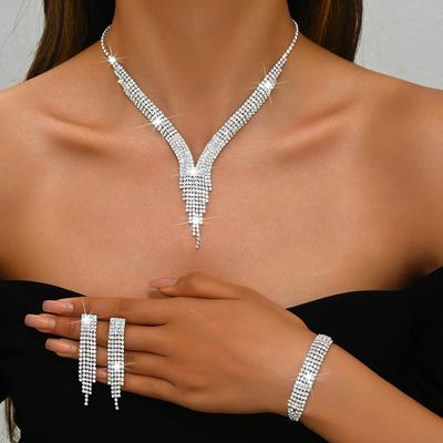 4PC Women's Fashion Geometric Tassel Necklace Earrings Bracelet Zircon Set Suitable for Wedding, Party, Festival Gifts-8538