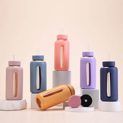 Glass Silicone Cover Time Scale Water Cup With Straw 800Ml Large Capacity Portable Outdoor Cup