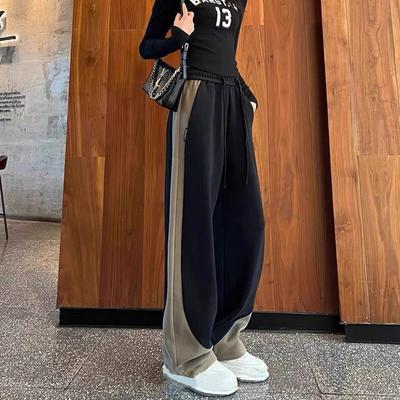 Herbst-Winter Amerikanischer Stil Plus-Fleece Weitbein-Jogginghosen für Damen Farbblock Banane Lange Hosen in Lässiger Lockerer Passform
