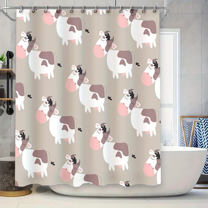 

Adorable Cow Print Shower Curtain For Kids Bathroom Decor Soft Fabric With Hooks Brown White Floral Design W60H190(CM)-1 Pcs