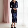 Vestido Midi Feminino Yousheng de Amarração em Cetim Sedoso Manga Longa Decote V Cintura com Laço Vestido Formal Festa de Cocktail Vestido para Convidado de Casamento