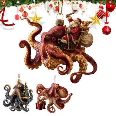 Octopus Christmas Ornament Acrylic Deep Sea Animal Christmas Tree Ornament 2D Flat Coastal Holiday Decoration for Ocean Lovers