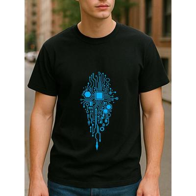 European Sizes Blue Technology Circuit Diagram Men's Printed Short-sleeved Shirt, Medium Elasticity and Fashionable Style