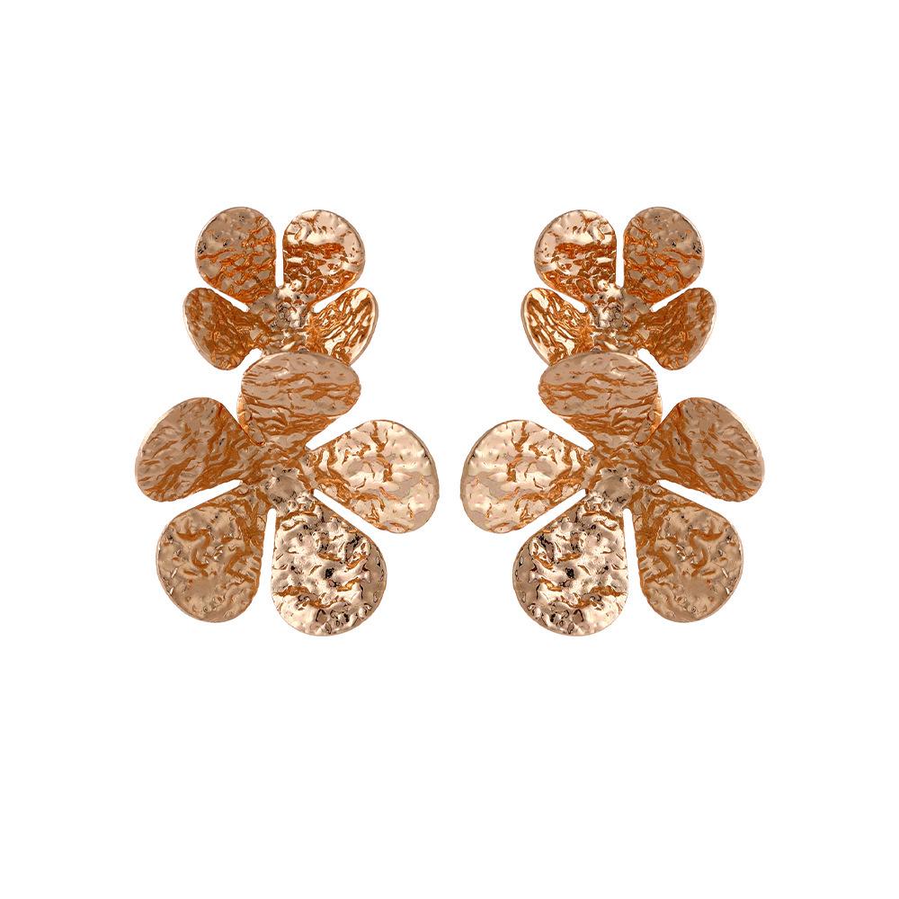 European & American Retro Flower Earrings: Double Layer, 3D Petal Design with Metallic Texture for Women