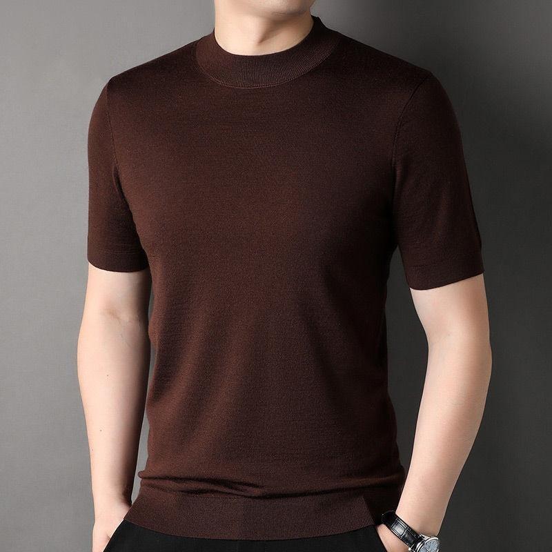 T-shirt Estiva da Uomo a Maniche Corte in Filato Pettinato Mercerizzato Versatile Moda Abbigliamento Maschile Collo Alto Mezzo Casual Base Top a Maglia