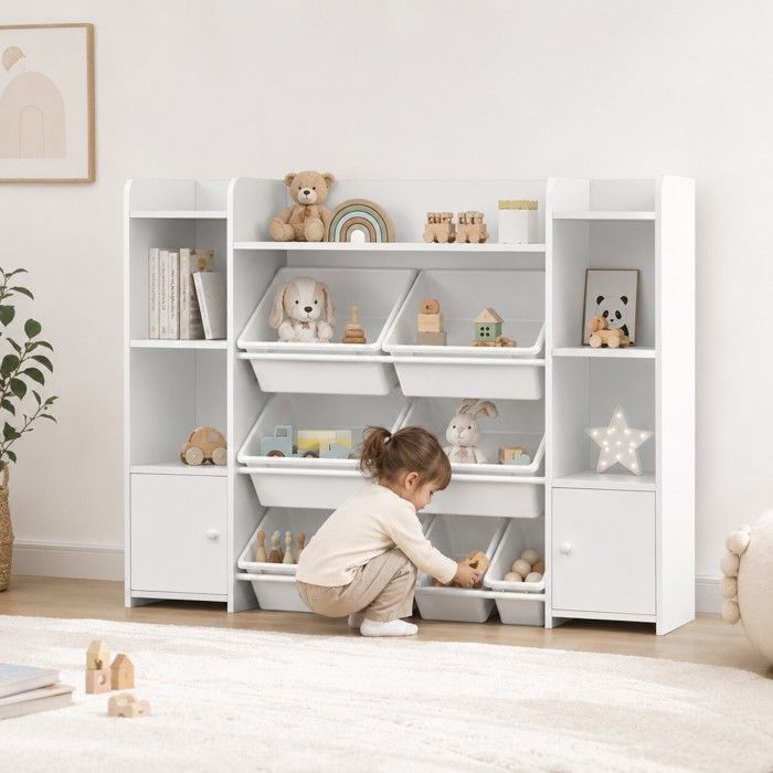Großer Kinder-Organizer GINGER HOME, Weißes Regal mit 8 Fächern und 2 Schränken für Spielzeug und Bücher, 141,5x100x30 cm
