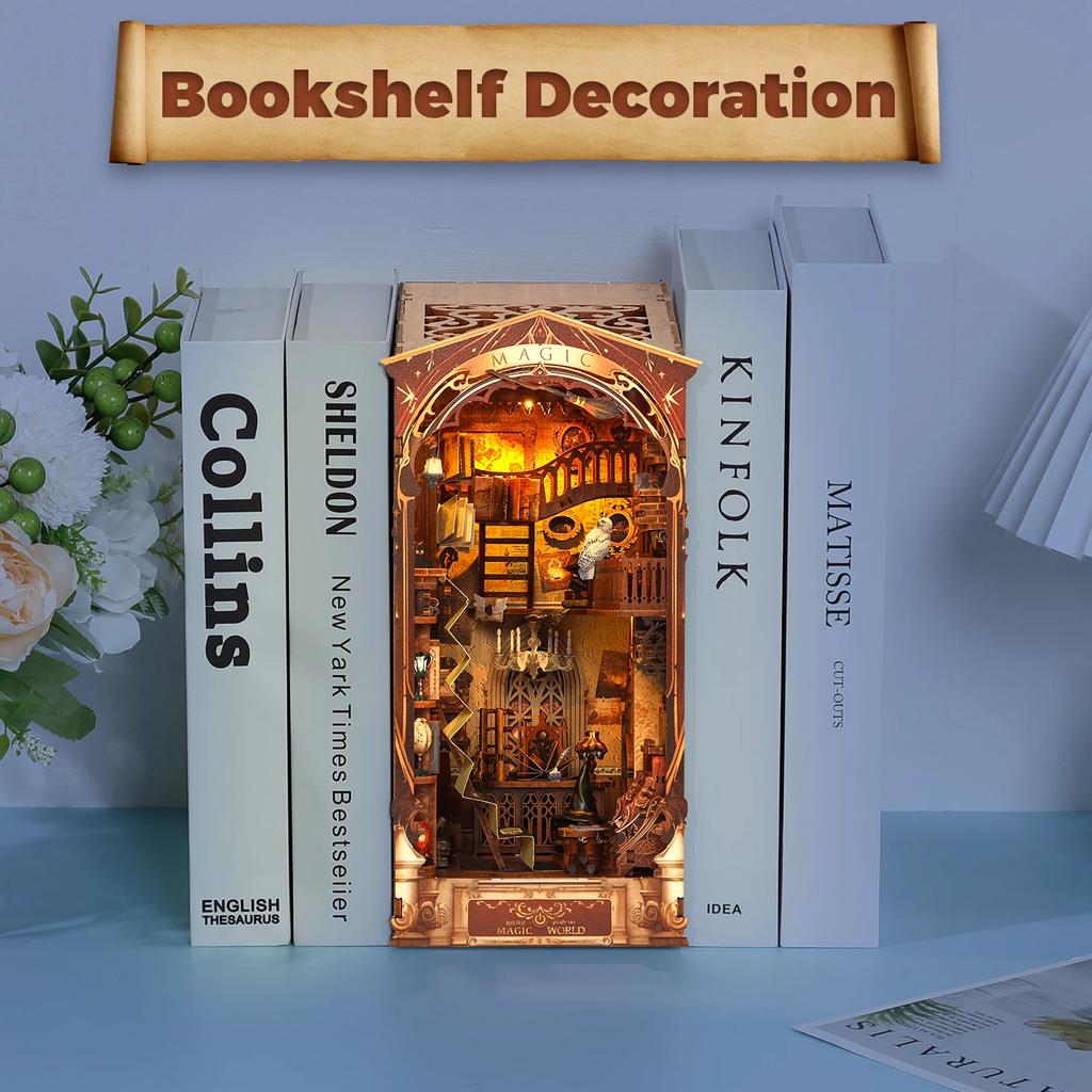 DIY Book Nook Kit 3D Wooden Puzzle Bookshelf Insert Decor with LED Light Decorative Bookshelf Insert Bookend Building Kits