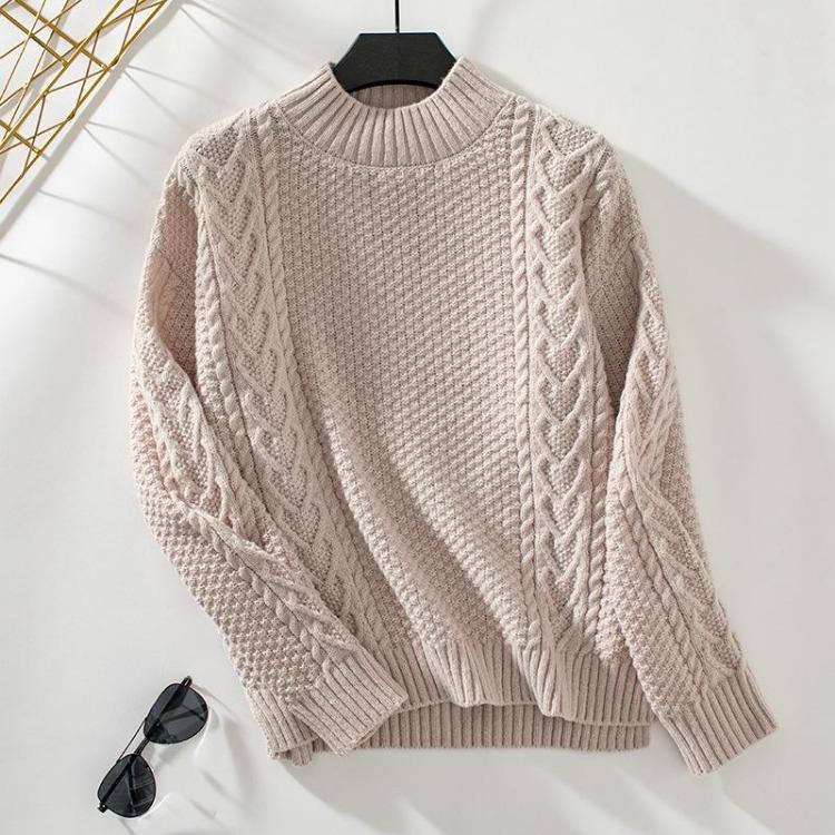 Vintage Loose Stand Collar Knitwear Sweater Long Sleeve Solid Color Pullover Top for Autumn Winter