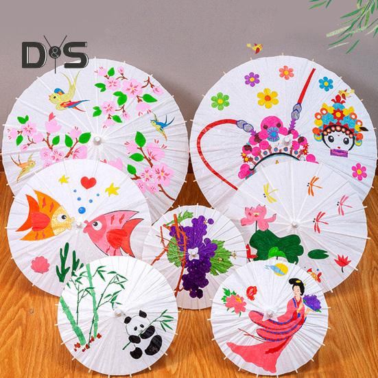 2Pcs White Paper Umbrella Chinese Style DIY Crafts Decorative Oil-paper Painting Umbrella Wooden Handle Oriental Parasol Party Favors