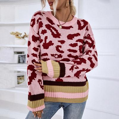 New Autumn and Winter Round Neck Pullover Sweater Leopard Print Jacquard European and American Sweater for Women