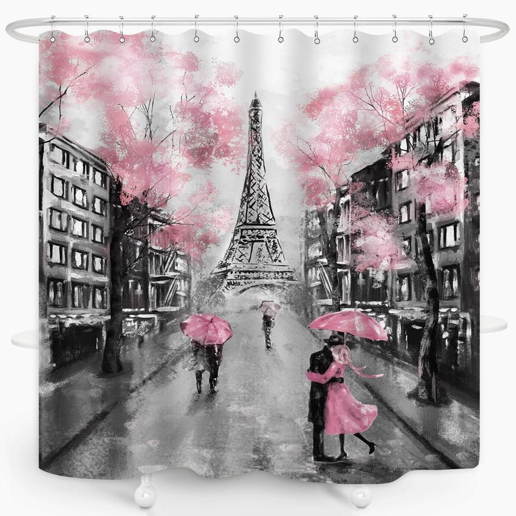 Paris Eiffel Tower Shower Curtain Oil Painting European France City Landscape Modern Couple Black Pink Tree Home Bathroom Décor