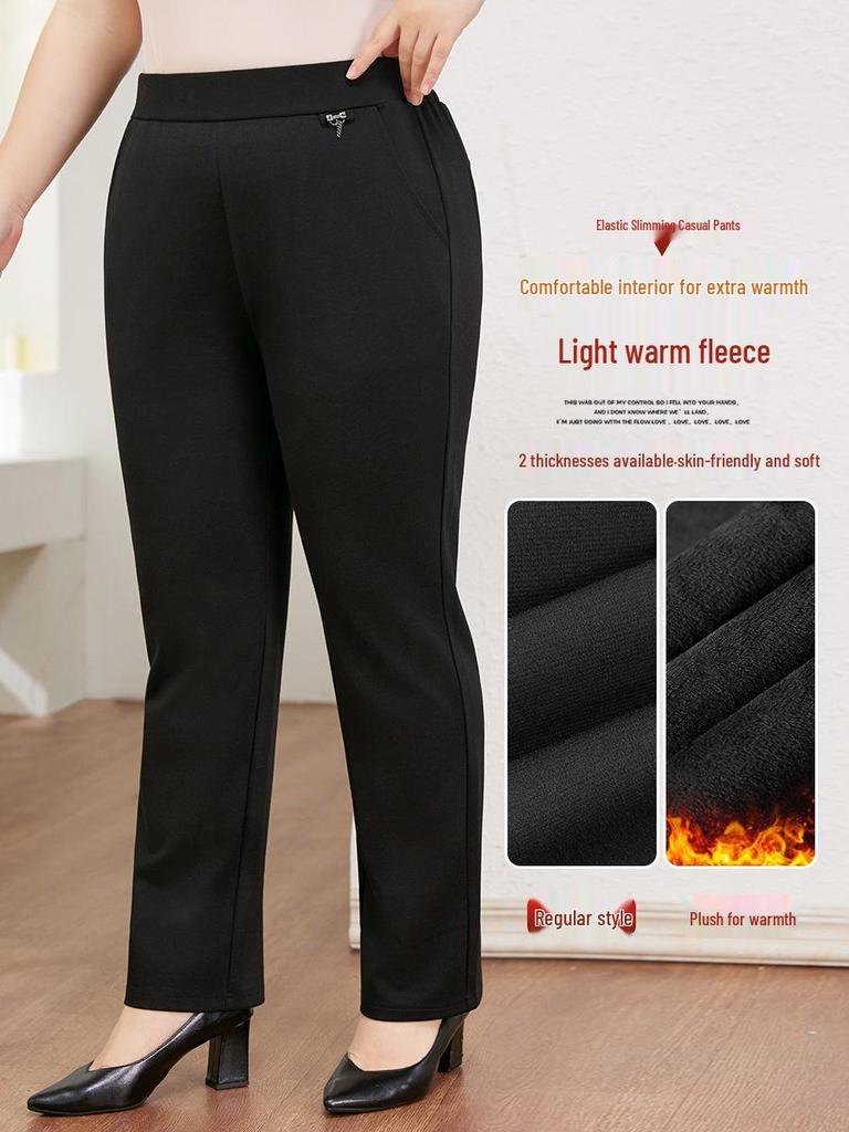 Plus Size Fleece-Lined Black High Waist Pants for Women - Stretchy, Casual, Perfect for Autumn and Winter. Ideal for Middle-Aged and Elderly Ladies.