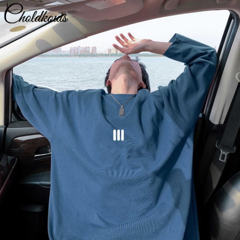 Men Loose Long Sleeve Printed Cotton Crew Neck Casual Base T Shirt