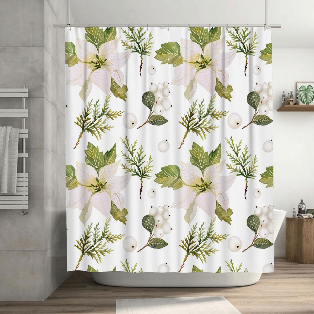 Julblomma Duschdraperi Vattentätt Dekorativt Duschdraperi Hemdekoration Vit Grön Blad Växt Blomstermönster Badkar R