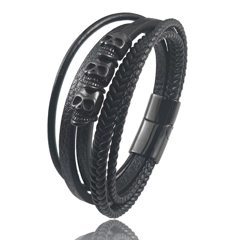 Classic Leather Skull Ghost Head Bracelet Men's Stainless Steel Magnetic Buckle Bracelet Bangles for Friend Jewelry Gift