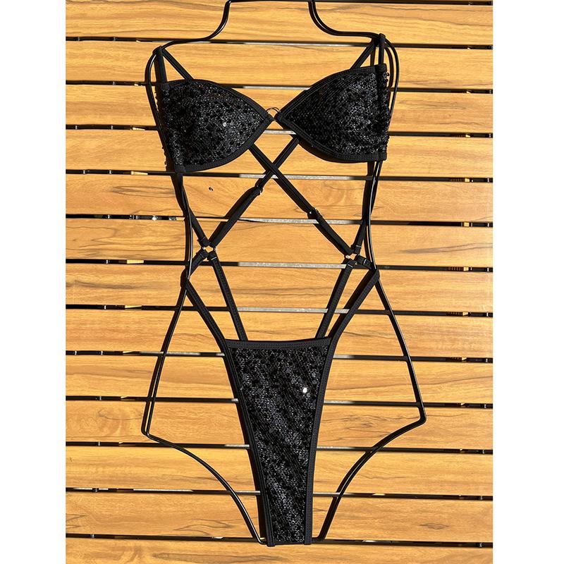 New Sexy Hollow Out One Piece Swimsuit Micro Thong Mini Women Swimwear Shiny Sequins Patchwork Bather Bathing Suit