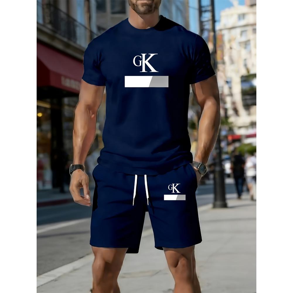 Summer Outfit Men's Casual Sportswear Set Neck Short Sleeve T-Shirt with Drawstring Elastic Waist Shorts