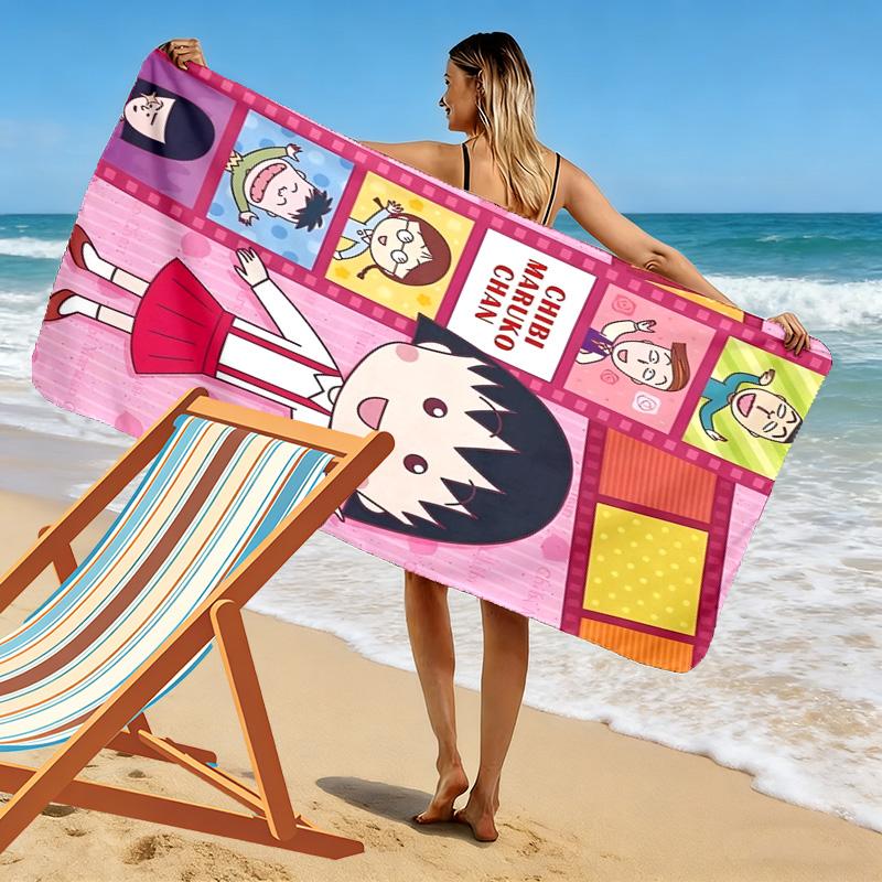 Chibi Maruko-chan Print Beach Towel, Large Soft Quick Dry Towel for Beach Camping Swimming