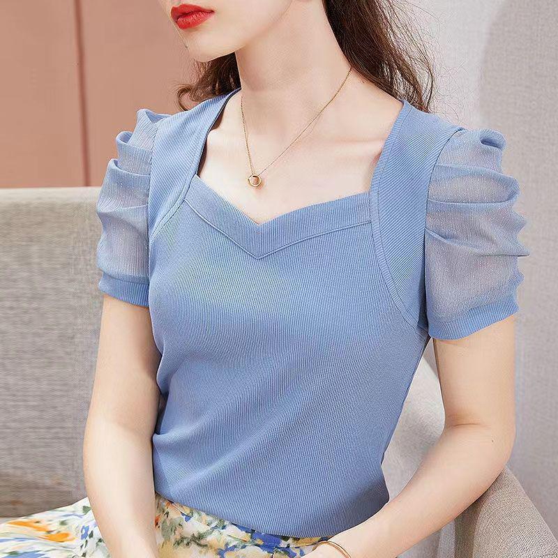 Women's Ice Silk Puff Sleeve Tee - Elegant White Summer 2026 - Plus Size Short Sleeve Top