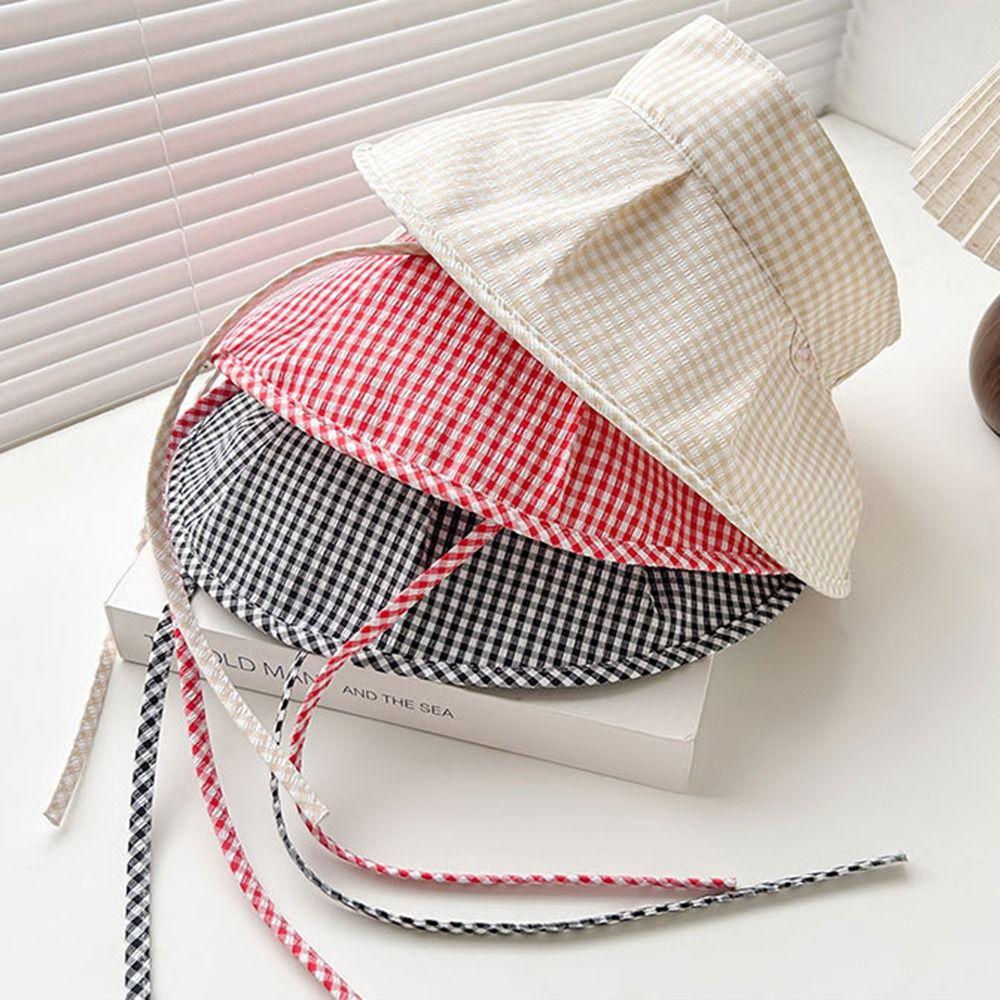 Plaid Print Sun Protection Hats Foldable Wide Brim Sunhat Leisure Summer Fisherman Cap Outdoor