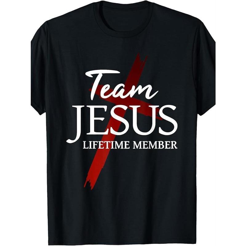 

European Size Jesus Team Print Men s Vintage T-Shirt - Breathable, Crew Neck, Short Sleeve, All-Season, Suitable for Easter, St. Patrick s Day 4XL чорний