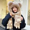 Hat thickened warm three-in-one women's winter new scarf gloves integrated fluffy cute bear three-piece set