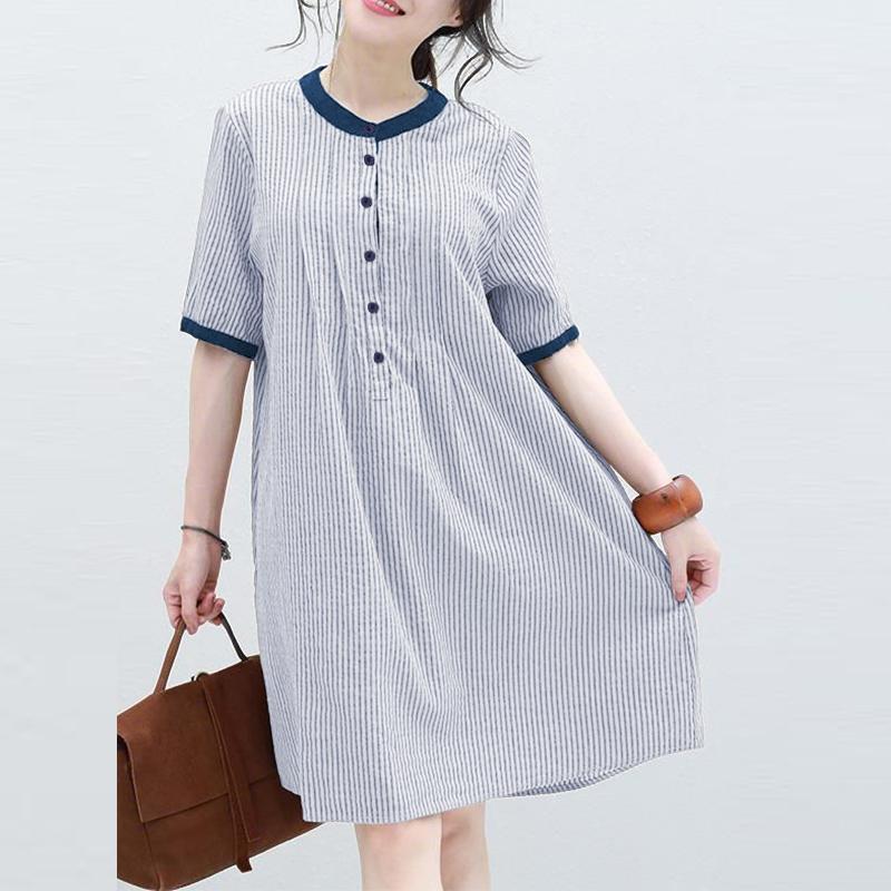 ZANZEA Women Casual Round Neck Summer Half Sleeve Stripe Dress