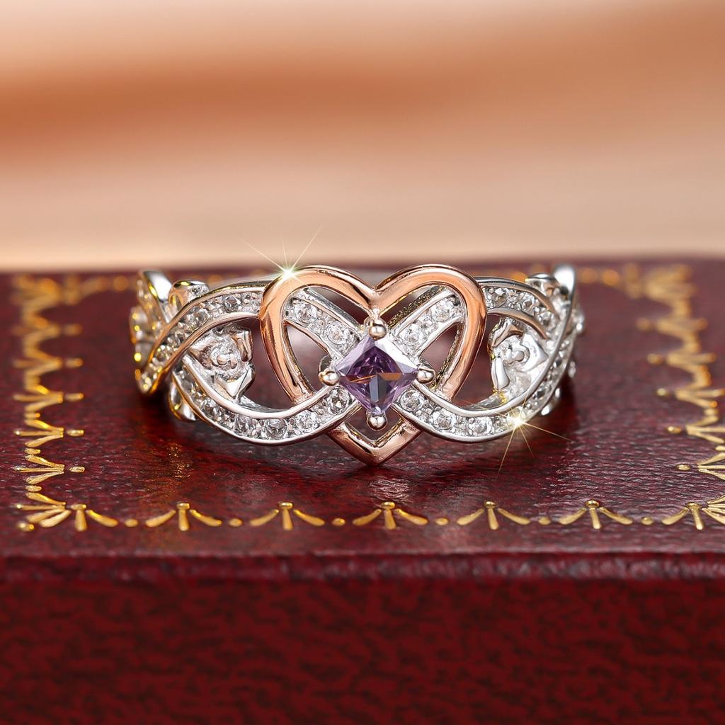 Jewelry Rose Princess diamond ring, European and American simple love-shaped zircon ring