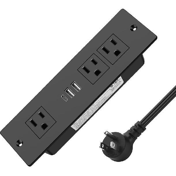 HEZI Recessed Power Strip, Furniture Drawer Outlet with 20W PD USB-C & 18W QC3.0 USB-A, Plug in 3 Outlets & USB Ports, Flush Mount 6FT White