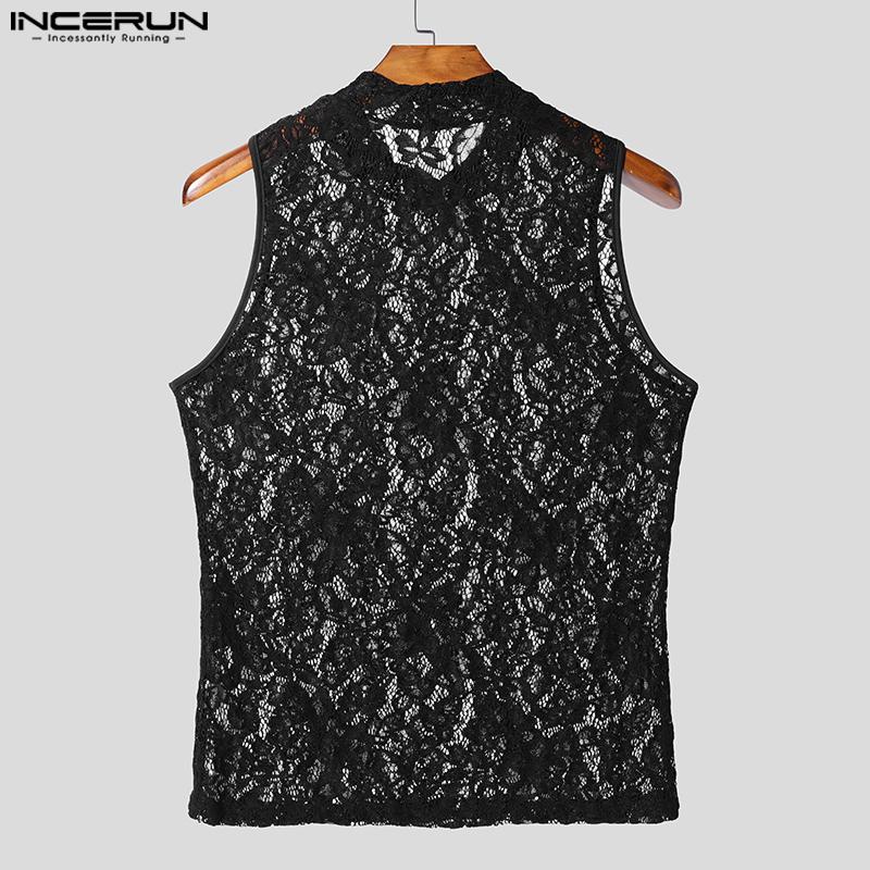INCERUN Vară Bărbați Fără Mâneci Dantelă Vezi Prin Plasă Transparentă Petrecere Maiouri