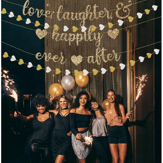 Vorgespanntes Love Laughter & Happily Ever After Banner für Hochzeitsfeier Dekorationen, Gold Glitzer Banner Schild mit 13FT Herz Streamer Girlande für