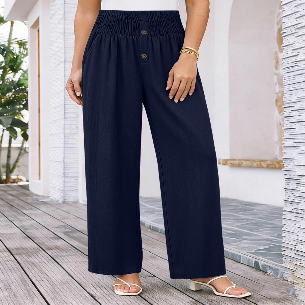 Women's High Waisted Linen Wide Leg Pants Cotton Linen Blend Wide Leg Trousers With Elastic Waistband Casual Button Down Pants