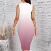 Women Plus Size Sleeveless Round Neck Midi Bodycon Dress Light Blue Vintage Floral Gradient Print Slim Fit Dress