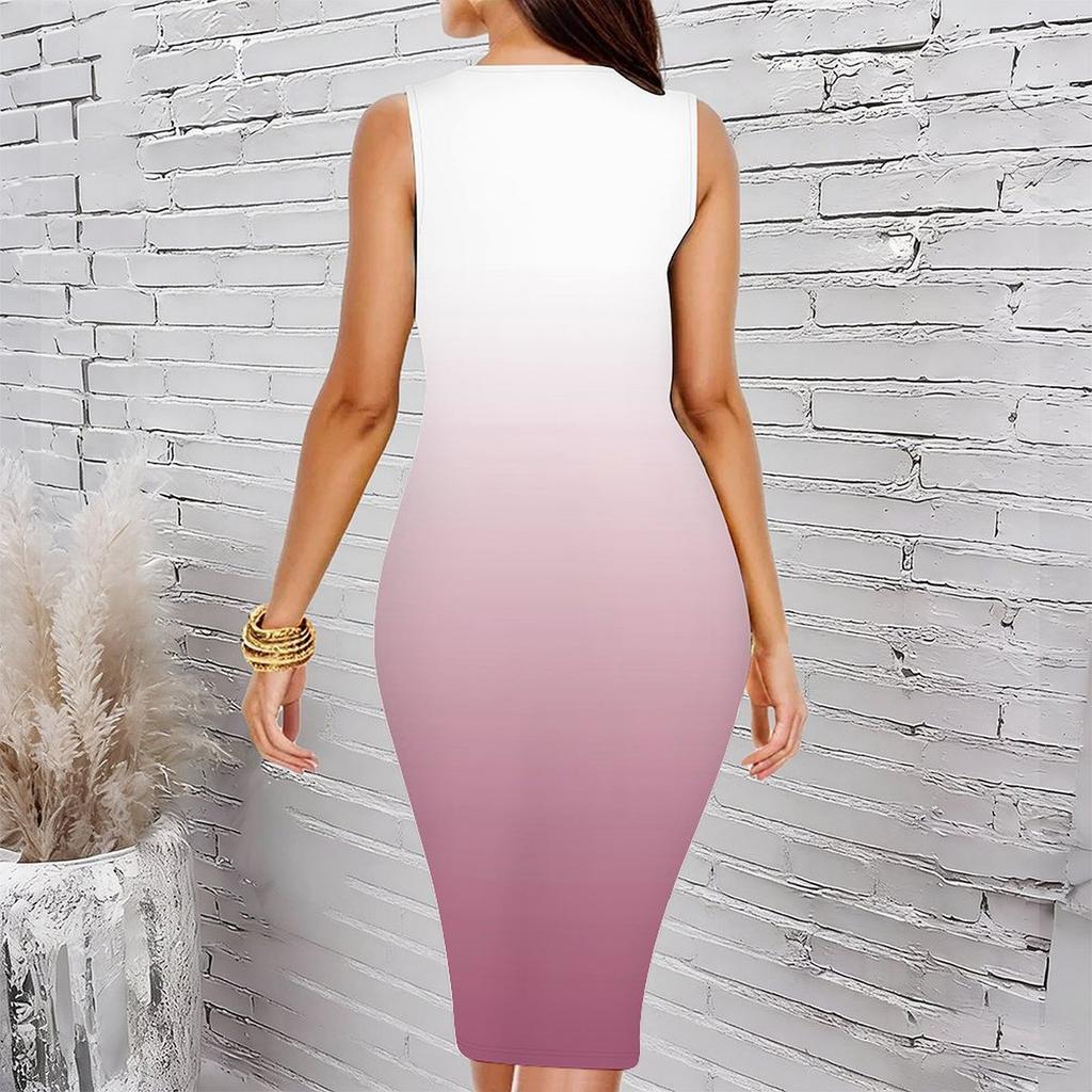 Women Plus Size Sleeveless Round Neck Midi Bodycon Dress Light Blue Vintage Floral Gradient Print Slim Fit Dress