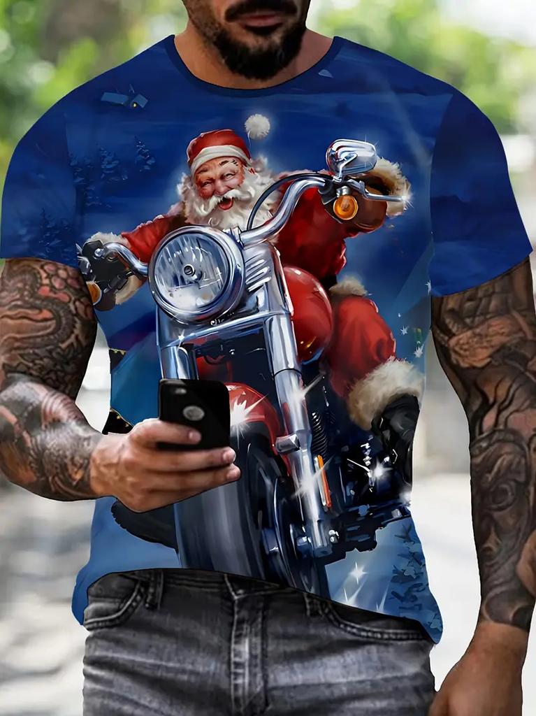New Funny Men's T-Shirt Christmas New Year Fashion Santa Claus And The Motorcycle Pattern Printed T-Shirt Men's Fashion Tee Tops
