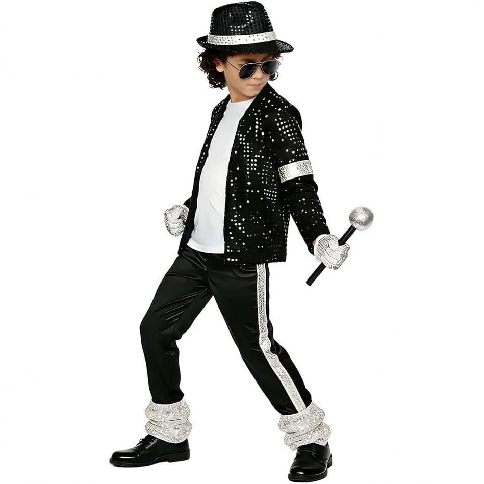 Kids Boy Michael Jackson Cosplay Black Suit Dance Disco Halloween Fancy Dress Up 80s Pop King Costume for Top Pants