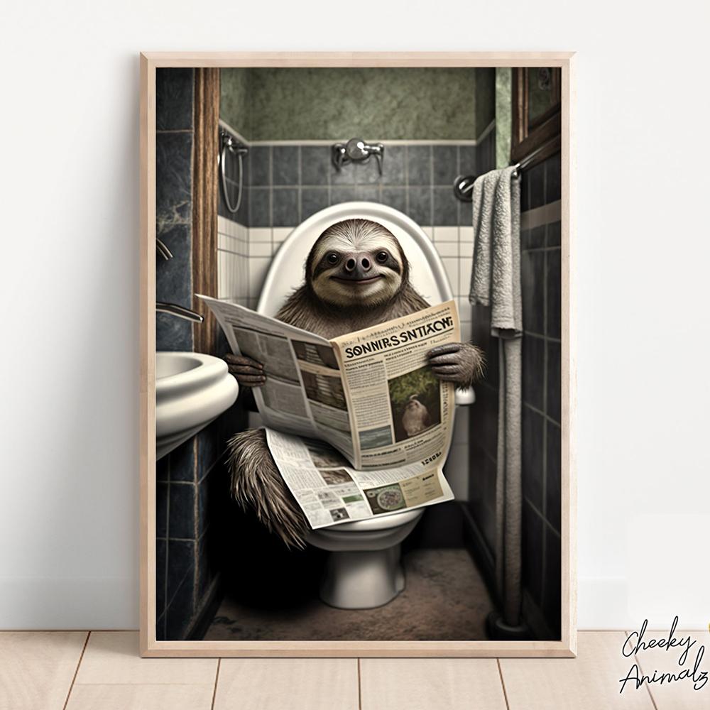 Cat Sitting On Toilet Reading Newspaper Funny Bathroom Wall Humor Poster Decor Animal Porcupine Canvas Painting Room Home Decor No Frame