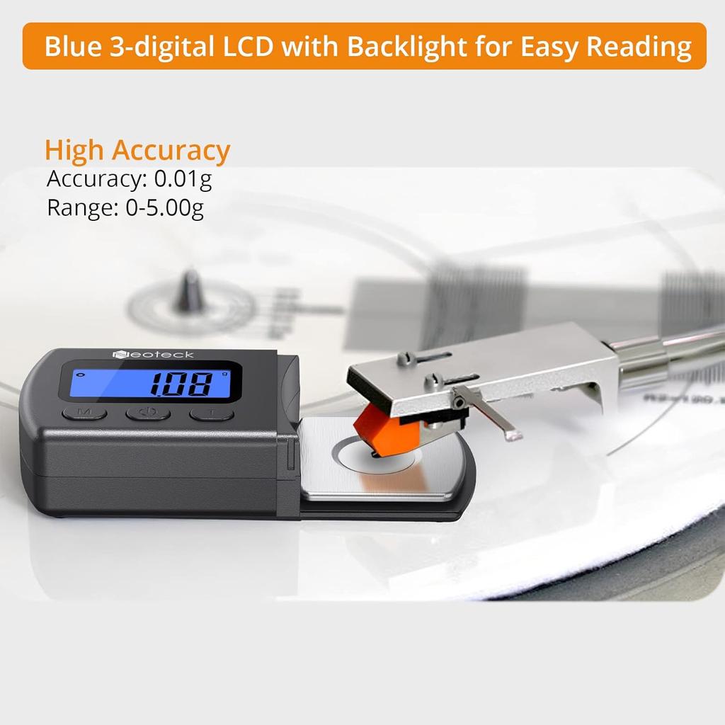 Neoteck Digital Turntable Stylus Force Gauge 0.01g/5.00g with Blue LCD Backlight Turntable Stylus Pressure Gauge with 5g Weight & Leather Case