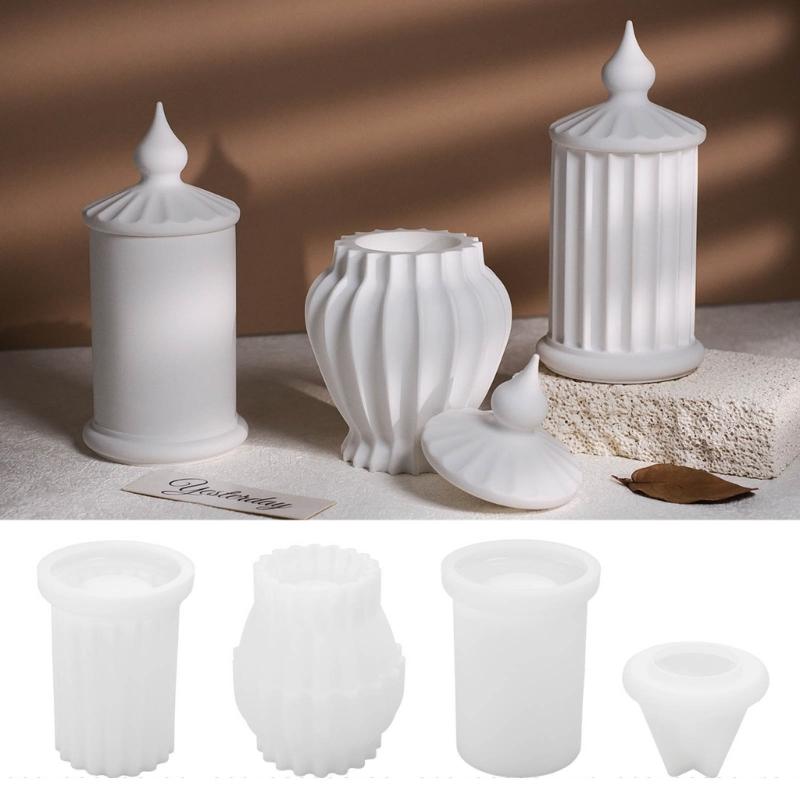 Striped Cylinder Resins Jar Molds Candlestick Molds for Making Candlestick Tealight Holder Storage Jar, Resins Lid Molds