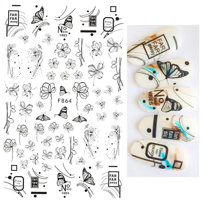 1PCS Black White Butterfly Laser Nail Stickers Nail Art Decoration Abstract Lines Bronzing Flowers Stickers For Nails