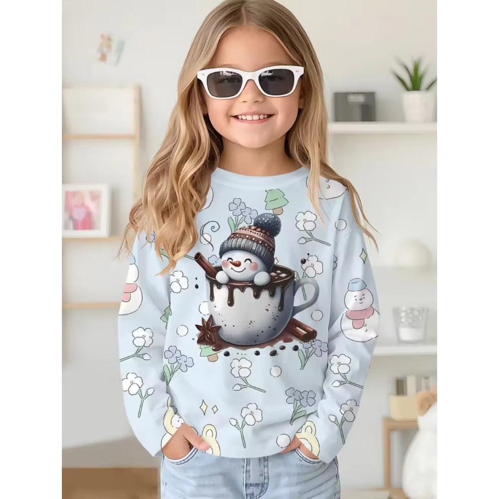 Christmas Santa Claus Print Girl Clothes Autumn Children Top Round Neck Long Sleeve Fashionable Comfortable Breathable Versatile Sports T-shirt