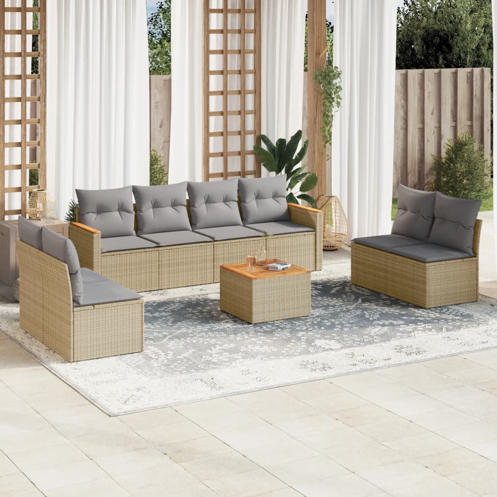 Vidaxl 9-Cz. Gartenmöbel-Set mit Kissen, Beige, Polyrattan
