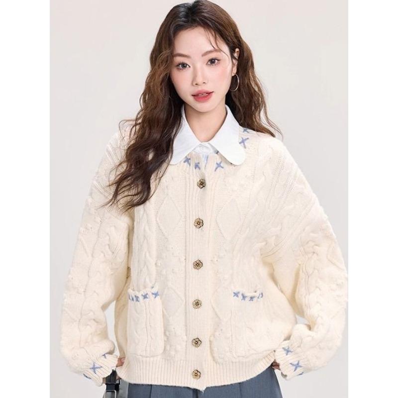 

Solid Color Women s Cardigan Sweater Double Pocket Long Sleeved Button Loose Sweaters Autumn Woman Sweet Top one size белый