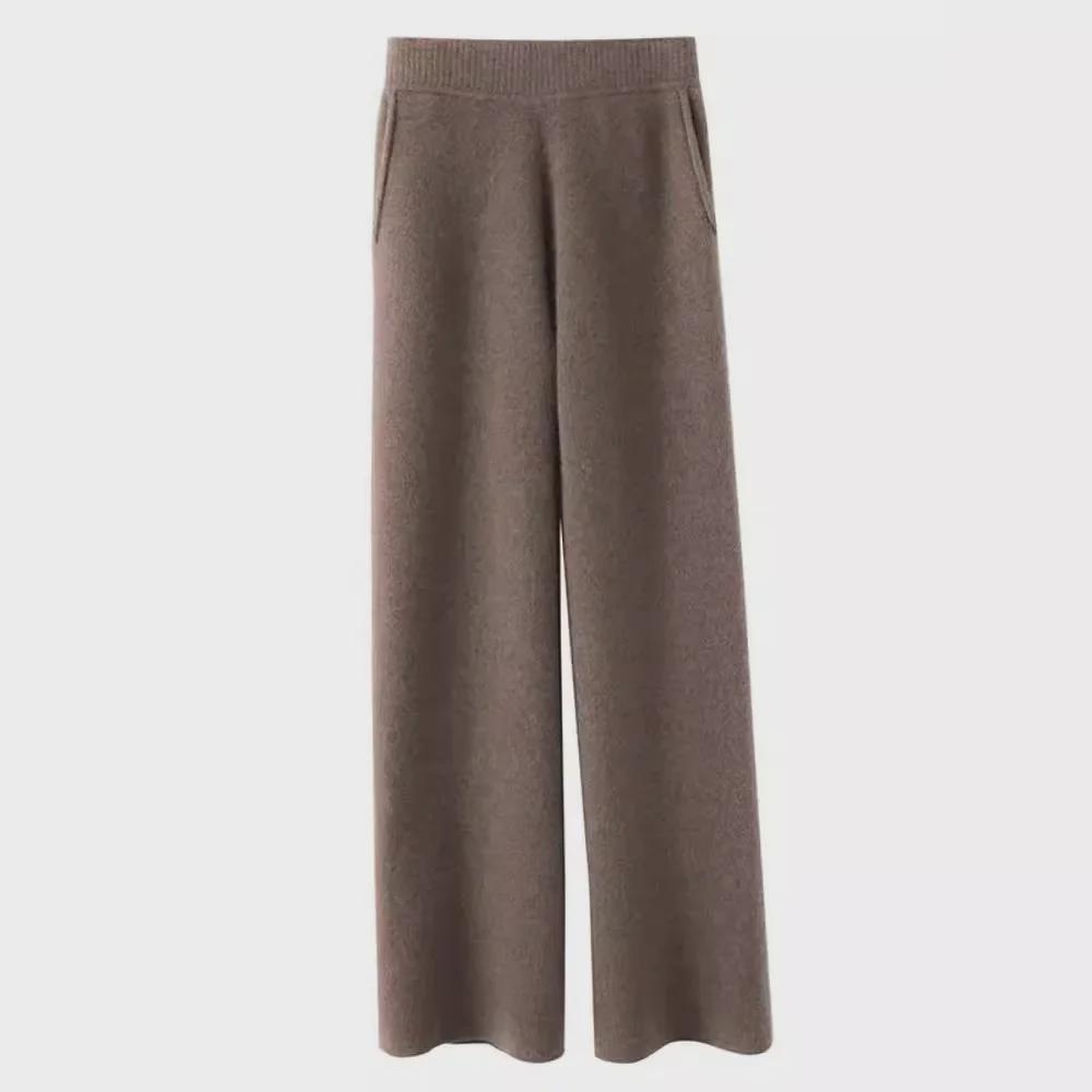 Women's High-Waist Cashmere Wide-Leg Pants - Thickened Wool for Autumn/Winter, Drapey, Slim Fit, Casual Straight-Leg Style.