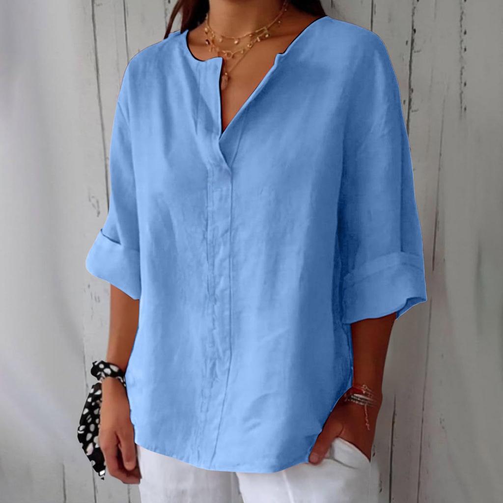 Women's Fashionable Loose-Fit V-Neck T-Shirt Cotton-Linen Blend Casual Top