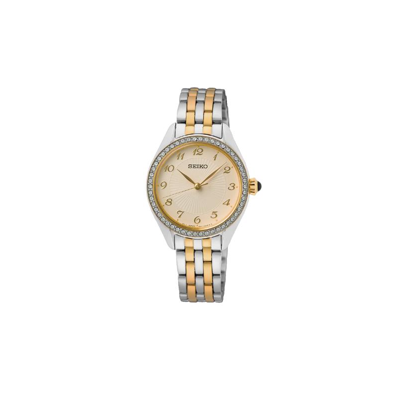 

SEIKO 50 meters waterproof Quartz Steel Strap women s watch yellow dial SUR480P1 жовтий