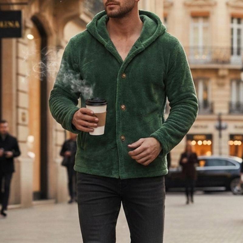 Men's Fleece Hooded Cardigan Casual Button Up Long Sleeve Warm Knit Jacket For Daily Wear